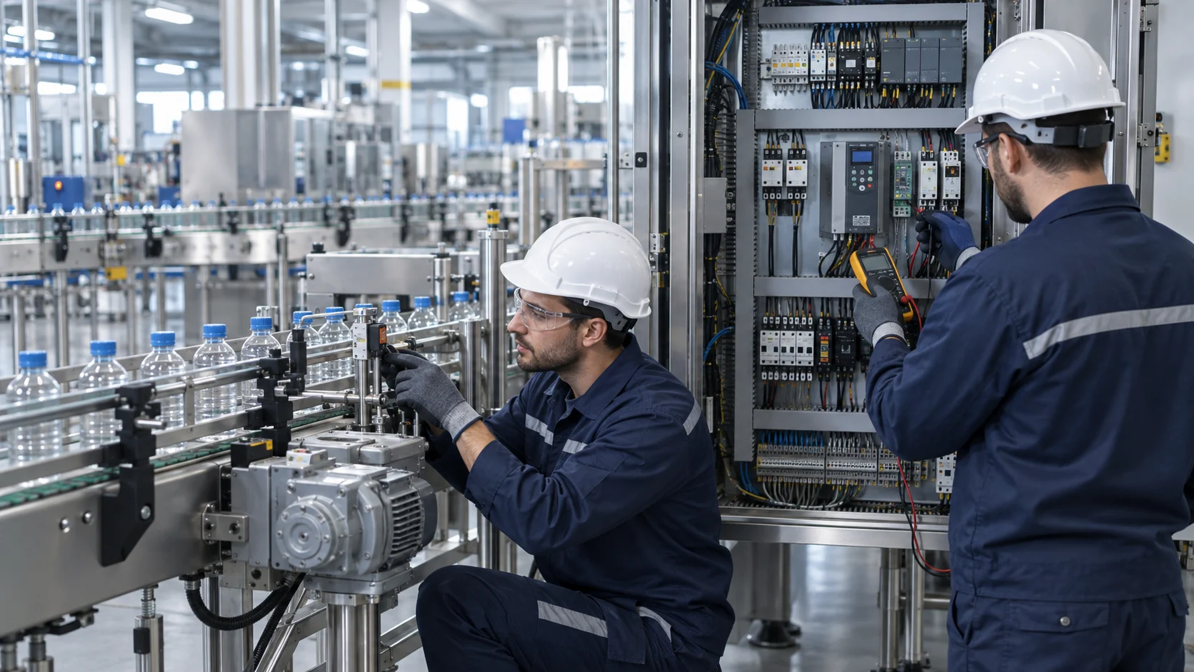 Dos especialistas revisan un sensor de envases y un tablero de control industrial